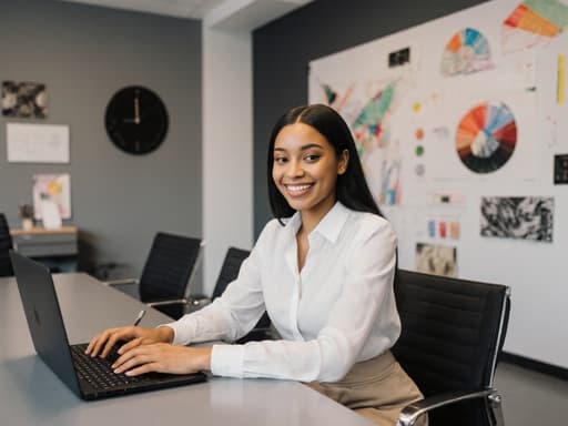 10대 후반의 혼혈 여성, 모던한 블라우스와 스커트를 입고 회의 테이블에 앉아 노트북을 바라보며 메모를 하는 모습입니다. 활기찬 미소로 자신감을 드러내며, 디자인 스튜디오의 현대적인 회의실 배경이 전문적이면서도 창의적인 분위기를 강조합니다.