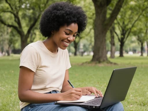20대 흑인 여성이 편안한 티셔츠와 청바지를 입고, 공원에서 풀밭에 크로스 레그로 앉아 노트북에 글을 쓰며 활기찬 미소를 짓고 있습니다. 주변은 푸른 나무와 풀밭으로 둘러싸인 평화로운 분위기입니다.