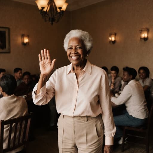 70대 아프리카계 여성이 편안한 블라우스와 팬츠를 입고 있는 모습이 반신샷으로 포착되었습니다. 그녀는 평온한 미소를 지으며 가족과 대화하고 손을 흔드는 자세를 취하고 있습니다. 아늑한 카페의 배경 속에서 가족이 테이블 주위에 모여 따뜻하고 친밀한 분위기를 만들어내고 있습니다.