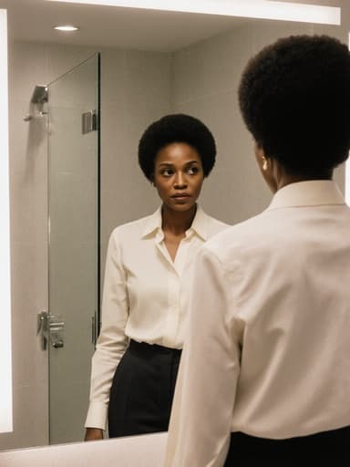 이미지에는 자연스러운 외모를 지닌 40대 아프리카계 여성이 세련된 블라우스와 팬츠를 입고 화장실 거울 앞에 서 있는 반신 사진이 담겨 있습니다. 그녀는 걱정스러운 표정을 지으며 자신의 스타일을 체크하는 듯한 모습으로, 세련된 타일과 현대적인 조명이 어우러진 화장실의 배경이 전체적인 조화를 이룹니다.
