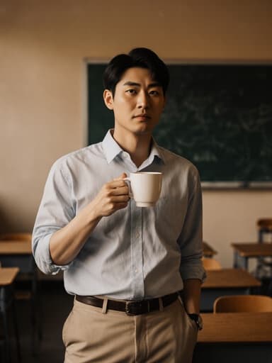교육 공간의 책상과 칠판이 있는 배경 속에서 커피를 들고 생각에 잠긴 표정을 짓고 있는 30대 아시아계 남성의 반신 샷. 캐주얼한 셔츠와 슬랙스를 착용하고 있습니다.