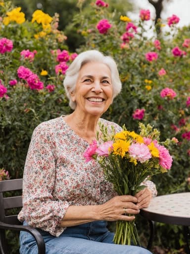 60대 중동계 여성이 자연스러운 모습으로 꽃이 만발한 공원에서 카페 테이블에 앉아 있습니다. 그녀는 꽃무늬 블라우스와 편안한 청바지를 입고 있으며, 손에 화려한 꽃다발을 들고 있습니다. 편안하고 행복한 표정이 따뜻하고 즐거운 분위기를 더하며, 다채로운 꽃들로 가득한 아름다운 배경이 그림 같은 장면을 만들어냅니다.