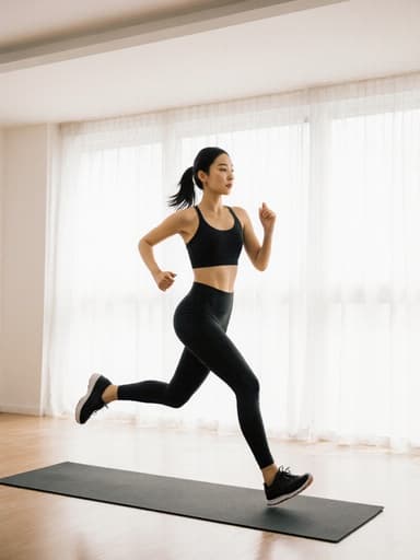 30대 동양인 여성이 편안하고 스타일리시한 요가복을 입고 요가 매트를 밟으며 우아하게 달리는 전신 사진. 그녀의 표정은 자신감과 우아함을 발산하며, 밝고 깔끔한 요가 수업실의 배경이 함께 어우러져 있습니다.