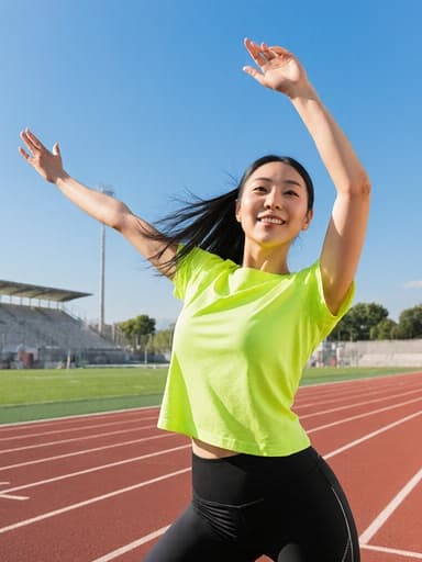 30대 동양인 여성이 자연스러운 외모를 뽐내며 에너제틱한 모습으로 전체 신체를 담은 샷입니다. 밝은 색상의 운동복을 착용하고 있으며, 화려한 티셔츠와 타이즈를 입고 있습니다. 열정적인 표정을 지으며 무대 위에서 춤을 추고 있는 모습으로, 팔을 크게 흔들며 활력을 발산하고 있습니다. 배경은 푸른 하늘 아래 활기찬 운동장이 펼쳐져 있어 장면의 생동감을 더해줍니다.