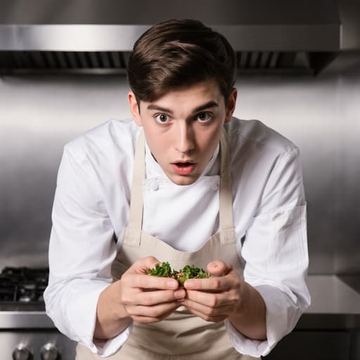 흰색 요리사 복과 앞치마를 입은 젊은 유럽계 남성이 현대적이고 깔끔한 주방에서 재료를 살펴보며 놀란 표정을 짓고 있습니다.