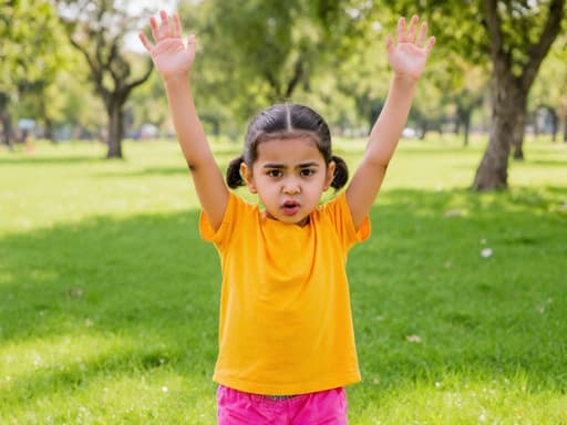 밝은 색상의 티셔츠와 반바지를 입은 7세의 귀여운 중동계 소녀의 반신 샷. 그녀는 약간 짜증난 표정으로 입술을 찡그리며 식사를 하면서 팔을 위로 쭉 뻗고 있습니다. 배경은 푸른 잔디와 나무가 있는 활기찬 공원으로, 그녀의 젊은 에너지를 잘 표현하는 생동감 넘치는 분위기를 만들어냅니다.