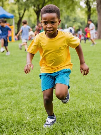 7세 아프리카계 남자 아이가 화려한 옷을 입고 숨바꼭질을 하며 숨을 곳을 찾는 모습의 전신 사진. 푸른 잔디와 나무가 있는 생동감 넘치는 공원에서 다른 아이들이 놀고 있는 모습이 보인다.
