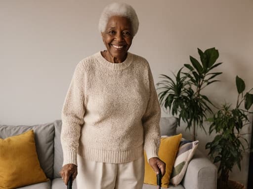 편안한 니트 스웨터와 면바지를 입고, 친근한 미소를 지으며, 산책용 지팡이를 들고 서 있는 80대 흑인 여성의 아늑한 거실에서의 반신 사진. 소파와 실내 식물들이 배치된 따뜻하고 초대하는 분위기의 공간에서 촬영되었습니다.