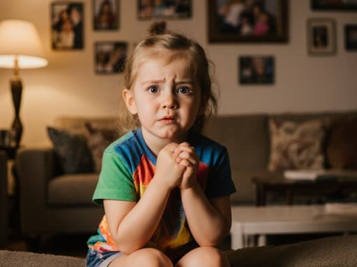 따뜻한 조명이 비추는 아늑한 거실에 소파에 앉아 있는 3세 유럽계 소녀의 반신 사진. 귀여운 얼굴과 큰 눈을 가진 그녀는 화사한 색상의 옷을 입고 있으며, 무서운 표정을 짓고 있다. 벽에는 가족 사진이 걸려 있다.