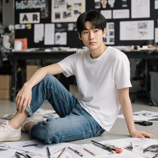 10대 초반의 한국 남성이 캐주얼한 티셔츠와 청바지를 입고 모던한 디자인 스튜디오 바닥에 앉아 디자인 도구를 사용하며 집중하는 모습입니다. 스튜디오는 다양한 디자인 샘플과 도구로 가득 차 있어 영감을 주는 분위기를 만들어냅니다.