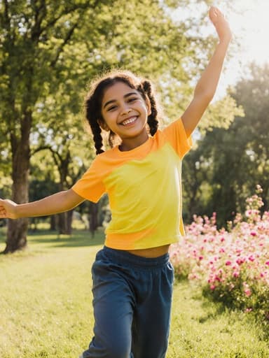 7세의 라틴계 여성 아이가 밝고 건강한 외모를 가지고 있으며, 화려한 색상의 티셔츠와 편안한 운동복 바지를 입고 있는 전신 사진입니다. 그녀는 아침 햇살 아래에서 즐겁게 춤추며 순수한 미소로 행복한 감정을 표현하고 있습니다. 배경은 푸르른 나무와 화사한 꽃들로 가득한 공원으로, 그녀가 아침을 맞이하는 즐거운 분위기를 만들어냅니다.