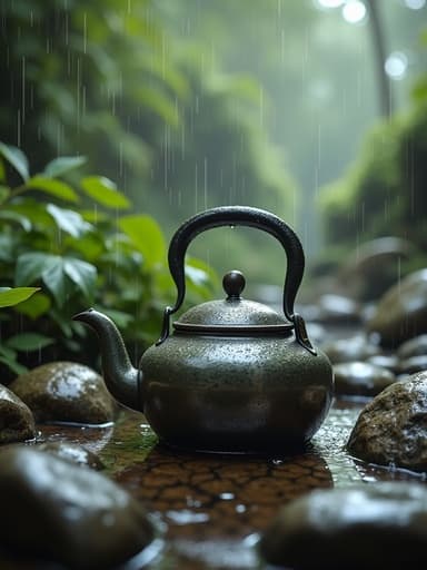 주전자, 숲속의 젖은 바위와 잎, 고요하고 평화로운 자연