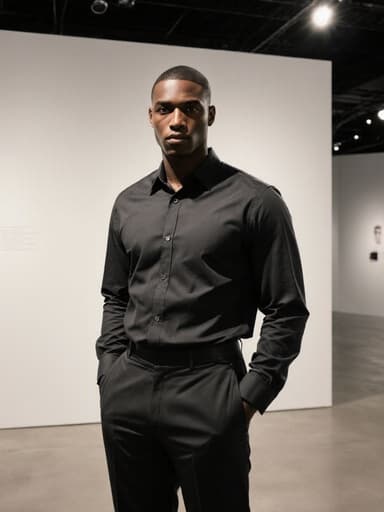 30대 아프리카계 남성이 자연스러운 외모로, 모던한 디자인의 셔츠와 슬랙스를 착용하고 서 있는 전체 샷입니다. 그는 카메라를 응시하며 차가운 표정을 짓고 있으며, 현대적인 전시 공간의 깔끔한 벽과 조명이 배경을 이루고 있습니다.