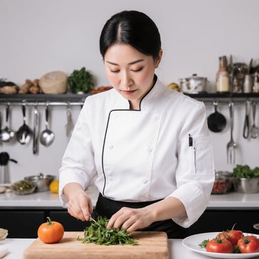 이 이미지는 40대의 우아한 아시아 여성의 반신 촬영을 보여줍니다. 그녀는 고급스러운 주방복을 입고 있으며, 자연스러운 외모와 고급스러운 표정을 지으며 식재료를 손질하는 데 집중하고 있습니다. 배경은 깔끔하게 정리된 조리 도구와 신선한 재료들이 있는 현대적인 주방 환경입니다.