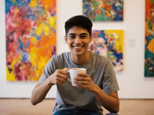 10대 초반의 라틴계 남성이 커피를 음미하며 밝은 미소를 지으며, 다양한 색상의 그림들이 걸린 생동감 넘치는 갤러리에서 행복하고 예술적인 분위기를 연출합니다.