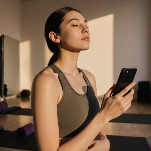 10대 후반의 백인 여성 모델이 편안한 요가복을 입고 있는 반신 촬영을 하고 있습니다. 한 손에는 스마트폰을 들고, 다른 손은 허리를 가볍게 잡고 여유로운 감정을 표현하고 있습니다. 배경은 부드러운 조명이 비추는 아름다운 요가 스튜디오로, 따뜻하고 초대하는 분위기를 자아냅니다.