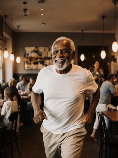 이 이미지는 80대의 흑인 남성이 따뜻한 미소를 지으며 편안한 티셔츠와 반바지를 입고 아늑한 카페 안에서 즐겁게 달려가는 모습을 담고 있습니다. 배경에는 그의 가족이 함께 있는 모습이 보이며, 순간의 활기차고 따뜻한 분위기를 더욱 부각시킵니다.