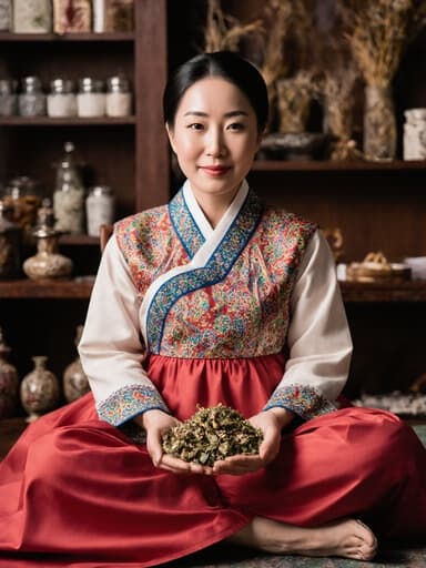 이미지에는 40대 아시아계 여성이 전통 한복을 우아하게 입고 자신감 넘치는 표정으로 크로스 레그로 앉아 있으며, 한약 재료를 손에 들고 있는 모습이 담겨 있습니다. 배경은 전통 한약 조제실로, 따뜻한 분위기 속에 다양한 한약재와 도구들이 진열되어 있어 문화적으로 풍부한 느낌을 줍니다.