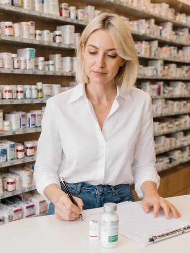 30대 유럽계 여성이 약국에서 흰색 블라우스와 청바지를 입고 서 있습니다. 그녀는 테이블에 놓인 약품 목록을 살펴보며 메모하는 모습이 평온하고 자신감 있는 표정을 짓고 있습니다. 배경은 다양한 약품이 정리된 선반으로 구성되어 있어 전문적인 분위기를 더합니다.