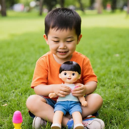 사랑스러운 3세 아시아계 남자아이가 공원의 푸른 잔디 위에 앉아 있는 반신사진입니다. 밝은 색상의 티셔츠와 반바지를 입고, 두 손으로 인형을 꼭 쥐고 사랑스러운 표정을 지으며 인형 놀이에 몰두하고 있습니다. 자연광이 비추어 따뜻하고 즐거운 분위기가 만들어집니다.