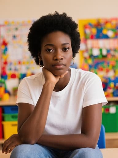 20대 아프리카계 여성이 자연스러운 외모로 편안한 티셔츠와 청바지를 입고 다채로운 색상의 장난감과 학습 자료가 있는 유아 학습실의 테이블에 앉아 손으로 턱을 괴고 고민하는 표정을 짓고 있는 모습. 이 이미지는 즐거운 학습 환경 속에서의 반성의 순간을 담고 있습니다.