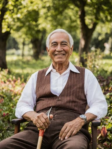 60대 혼혈 남성이 자연스러운 외모를 지니고 있는 반신 촬영입니다. 그는 현대적인 요소가 가미된 전통적인 농부 복장을 착용하고 있으며, 고급스럽고 자신감 넘치는 표정을 지었습니다. 남성은 의자에 여유롭게 앉아 농업 도구를 손에 들고 만족스럽게 미소짓고 있습니다. 배경은 푸른 나무와 화초가 어우러진 공원으로, 장면의 평화로운 분위기를 더욱 강조합니다.