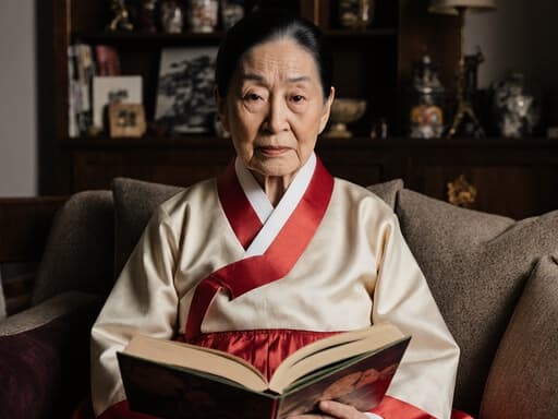 80대 혼혈 여성이 전통 한복을 입고 아늑한 소파에 앉아 전통 이야기 책을 손에 들고 있는 반신 촬영입니다. 그녀는 피곤한 표정을 짓고 있으며 깊은 생각에 잠긴 듯한 느낌을 줍니다. 배경은 따뜻한 분위기의 전통적인 한국 소품이 배치된 거실입니다.