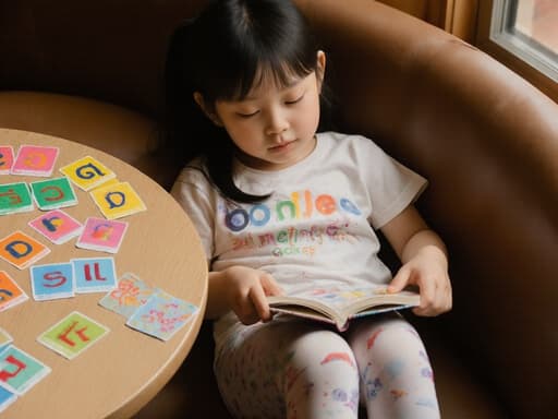 아늑한 카페에서 편안한 티셔츠와 레깅스를 입은 귀여운 7세 아시아계 소녀가 졸린 표정으로 알파벳 책을 들고 있으며, 테이블 위에는 알파벳 카드가 놓여 있습니다.