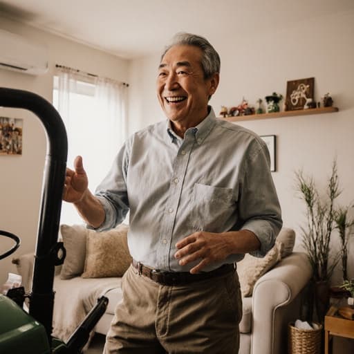 50대 동양인 남성이 신뢰감 있는 모습으로 농기계와 상호작용하며 밝고 아늑한 거실에서 웃고 있는 반신 촬영 모습. 농촌 테마의 장식으로 꾸며진 공간에서 활기차고 즐거운 분위기를 자아내고 있습니다.