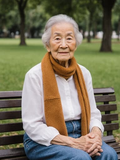 70대 동양인 여성의 평온한 반신 샷으로, 평화로운 공원에서 가족을 기다리며 자연스러운 아름다움을 보여주고 있습니다. 그녀는 세련되면서도 편안한 블라우스와 청바지를 입고 있으며, 따뜻한 색상의 스카프를 두르고 있습니다. 여자는 벤치에 앉아 손을 무릎에 올리고 편안한 표정을 지으며 가족에 대한 기대감과 따뜻함을 드러내고 있습니다. 배경은 푸른 잔디와 나무들로 가득 차 있어 공원의 고요한 분위기를 더하고 있습니다.
