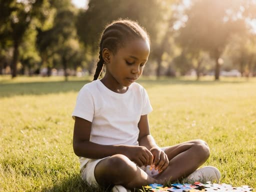 따뜻한 햇살이 비추는 공원 잔디밭에 앉아 퍼즐 조각을 만지작거리는 졸린 표정의 7세 아프리카계 소녀의 반신 촬영 이미지. 부드러운 햇빛이 그녀의 순수함을 강조하며 평화로운 분위기를 연출합니다.