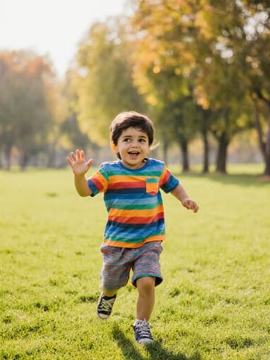 아침 공원에서 뛰어가는 귀여운 3세 중동계 남아의 전신 샷. 그는 화려한 색상의 티셔츠와 반바지를 입고 있으며, 호기심 어린 표정으로 손을 흔들고 있습니다. 푸른 잔디와 나무들로 둘러싸여 생기 넘치는 분위기를 자아냅니다.