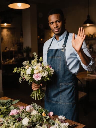 30대 혼혈 남성이 캐주얼한 셔츠와 청바지를 입고 아늑한 카페에 서 있습니다. 그는 꽃꽂이를 다루기 편한 앞치마를 입고 있으며, 아름다운 꽃다발을 들고 당황한 표정으로 친근하게 인사하고 있습니다. 카페 내부에는 꽃꽂이 재료들이 흩어져 있어 따뜻하고 아늑한 분위기를 자아냅니다.