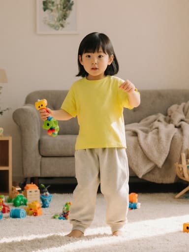 자연스러운 외모를 가진 7세 한국인 소녀의 전신 사진. 그녀는 밝은 색상의 티셔츠와 편안한 바지를 입고 있으며, 한 손에 장난감을 들고 장난스럽게 춤추고 있다. 그녀의 표정은 약간 지루해 보인다. 배경은 장난감들이 흩어져 있는 아늑한 거실로, 따뜻하고 초대하는 분위기를 연출한다.