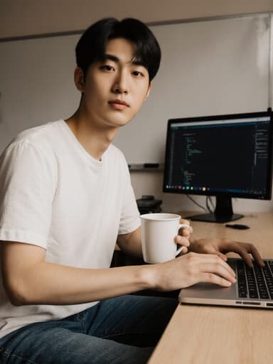 10대 후반의 동양인 남성이 반신 촬영으로 나타나며, 편안한 티셔츠와 청바지를 입고 있습니다. 그는 한 손에 커피 컵을 들고 다른 손은 노트북 키보드에 올려놓고 카메라를 무관심하게 바라보고 있습니다. 배경은 온라인 강의실 환경으로, 컴퓨터 화면과 책상이 보이는 따뜻하고 아늑한 분위기를 자아냅니다.