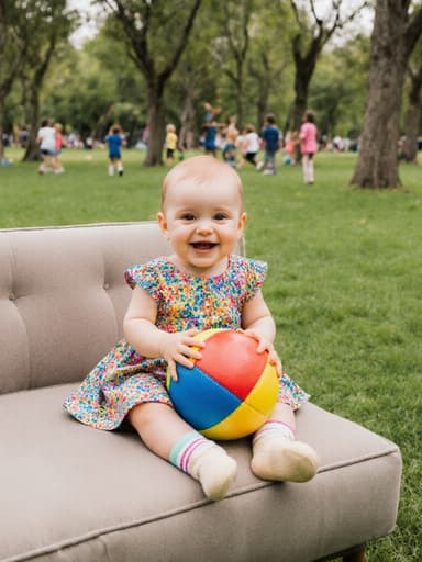 1세 유럽계 여아가 소파에 앉아 화사한 원피스와 밝은 양말을 신고 공을 손에 들고 사랑스러운 미소를 짓고 있는 모습의 반신 촬영. 배경은 나무와 놀고 있는 아이들이 있는 푸른 공원으로, 즐거움과 놀이의 분위기를 전달합니다.