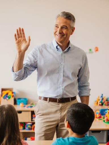 이 이미지는 40대 혼혈 남성이 캐주얼한 복장을 하고 아이들과 따뜻하게 소통하는 모습을 담고 있습니다. 밝고 아늑한 교육 공간에서 책상과 장난감이 있는 곳에서, 그는 평온한 표정을 지으며 손을 살짝 들어 인사하는 모습으로 교육 활동에 적합한 친근한 분위기를 연출하고 있습니다.