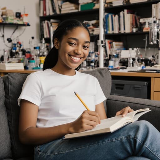 자연스러운 외모를 가진 자신감 넘치는 혼혈의 10대 소녀가 소파에 앉아 연구 노트를 들여다보며 미소를 짓고 있는 모습으로, 어수선한 연구실의 책장과 실험 장비들로 둘러싸여 있습니다.