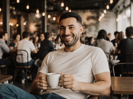 30대 혼혈 남성이 아늑한 카페에서 편안하게 앉아 커피잔을 들고 있으며, 캐주얼한 티셔츠와 청바지를 입고 따뜻한 미소를 지어 아늑한 분위기를 자아내고 있습니다. 주변에는 사람들로 가득한 활기찬 배경이 있습니다.