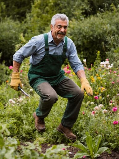 40대의 라틴계 남성이 자연스러운 외모로 편안한 작업복과 장갑을 착용한 채 정원 도구를 들고 점프하는 모습의 전신 사진입니다. 활기차고 생기 있는 표정을 지으며, 배경에는 푸르고 화려한 식물과 꽃들이 가득한 정원이 있어 장면의 신선함과 활기를 더하고 있습니다.