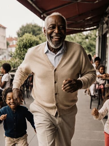 80대 아프리카계 남성이 자연스러운 외모로 편안한 카디건과 바지를 입고 손주들과 함께 즐겁게 달리고 있는 모습의 전신 사진입니다. 행복한 미소를 지으며 밝고 아늑한 카페 테라스에서 가족들이 둘러앉아 함께 시간을 보내고 있는 장면입니다. 따뜻함과 기쁨이 가득한 분위기로 가족 간의 아름다운 순간을 담고 있습니다.