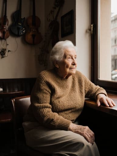 아늑한 카페에 앉아 있는 80대 백인 여성의 평화로운 반신 촬영. 그녀는 따뜻한 색상의 니트 스웨터와 편안한 바지를 입고 있으며, 창밖을 바라보며 생각에 잠긴 외로운 표정을 짓고 있다. 그녀의 손은 카페 테이블 위에 부드럽게 얹혀져 있으며, 배경은 다양한 악기로 장식된 아늑한 분위기와 부드러운 전통 음악 소리로 가득 차 있다.