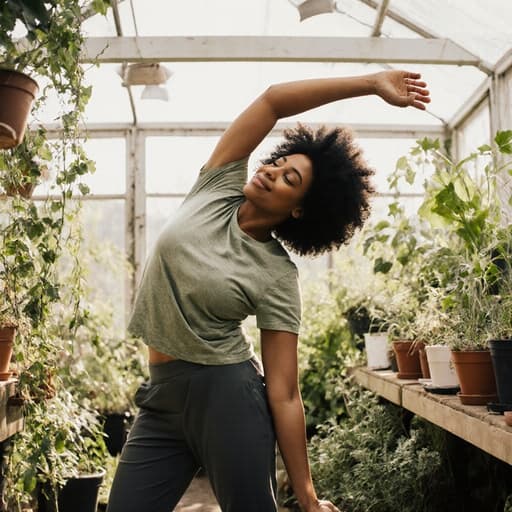 자연스러운 외모를 가진 30대 흑인 여성의 반신 사진으로, 편안한 티셔츠와 운동복 바지를 입고 정원 가꾸기를 위해 몸을 늘이고 있습니다. 자연광이 가득한 다양한 식물들이 있는 실내 정원 공간이 배경을 이루며, 평화롭고 기쁜 분위기를 조성합니다.