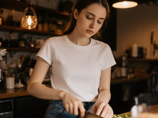 이 이미지는 아늑한 카페 주방에서 캐주얼한 티셔츠와 청바지를 입고 재료를 다듬고 있는 10대 후반의 백인 여성의 모습을 담고 있습니다. 그녀는 무관심한 표정을 지으며 편안하면서도 매력적인 분위기를 만들어 내고 있습니다.