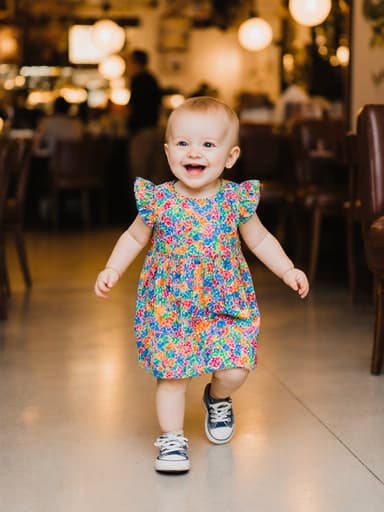 밝은 색상 원피스를 입고 편안한 운동화를 신은 1세 백인 여성 아기가 아늑한 카페를 향해 걸어가고 있는 모습의 반신 사진입니다. 배경은 부드러운 음악이 흐르는 따뜻하고 초대하는 분위기로, 아기의 즐거운 미소가 기분 좋은 환경을 드러냅니다.