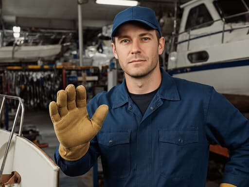 30대 백인 남성이 어선 정비를 위한 작업복을 입고, 작업용 장갑과 모자를 착용한 채 한 손에 어선의 부품을 들고 인사하는 모습의 반신 촬영. 뒤에는 공구와 장비가 정리된 해양 작업장이 배경으로 보이며, 평온한 표정이 바쁜 환경 속에서 전문성을 드러냅니다.