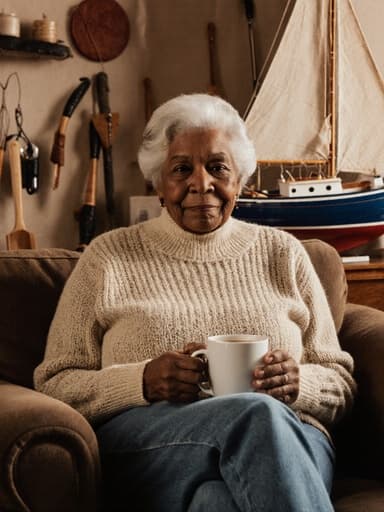 60대 흑인 여성이 편안한 니트 스웨터와 청바지를 입고 소파에 앉아 커피 컵을 들고 있는 반신 사진입니다. 그녀는 무관심한 표정을 짓고 있으며, 편안한 분위기를 자아내고 있습니다. 배경은 어선의 모형과 낚시 도구들로 꾸며진 해양 테마의 거실로, 그녀의 캐주얼한 의상과 태도와 잘 어우러집니다.