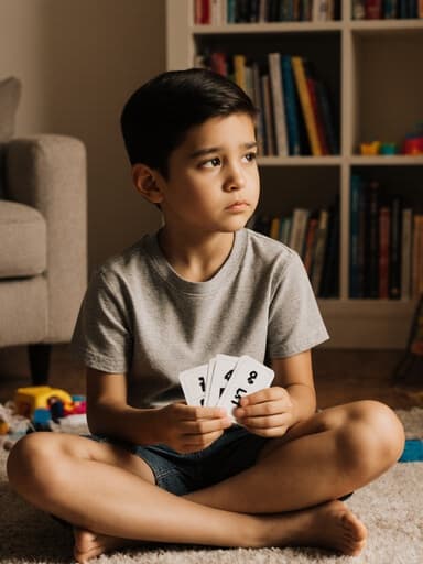 7세 혼혈 남자아이가 아늑한 거실에 앉아 있습니다. 편안한 티셔츠와 반바지를 입고 있으며, 손에는 몇 장의 숫자 카드를 들고 지루한 표정을 짓고 있습니다. 배경은 서가와 몇 가지 장난감이 있는 따뜻하고 아늑한 분위기로, 그의 자연스러운 자세와 표정을 잘 담고 있습니다.