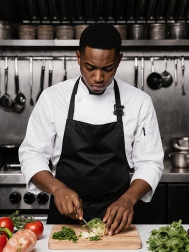 이 이미지는 흰색 조리복과 검은색 앞치마를 입은 10대 후반 아프리카계 남성 요리사가 현대적인 주방 테이블 위의 재료를 신중하게 살펴보는 모습을 담고 있습니다. 그의 약간 피곤한 표정과 현대적인 주방 배경이 전문적이면서도 매력적인 분위기를 만들어냅니다.