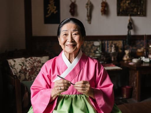 70대 동양인 여성의 반신 사진으로, 화사한 분홍색과 연두색 전통 한복을 입고 있습니다. 그녀는 즐거운 표정을 지으며 전통 공예 도구를 들고 달리는 모습이 아늑한 거실의 따뜻한 장식과 어우러져 공예에 대한 열정을 표현하고 있습니다.